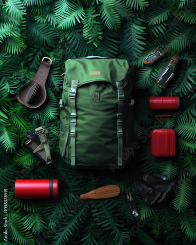 Discover the perfect outdoor setup featuring a rugged green backpack surrounded by essential gear, including a thermos, sunglasses, and tools for an unforgettable adventure in nature. photo