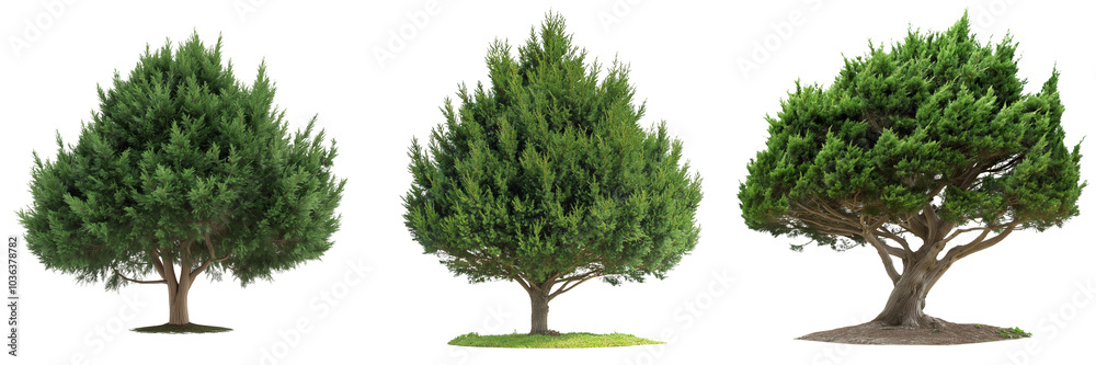 Obraz premium A yew tree with dark green, dense foliage and a broad, sturdy trunk, isolated on a transparent background