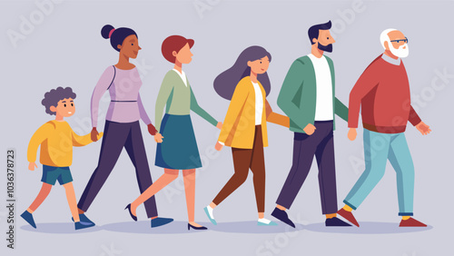 People of all ages walking in unison paying attention to each other and their surroundings as if in perfect harmony.. Vector illustration