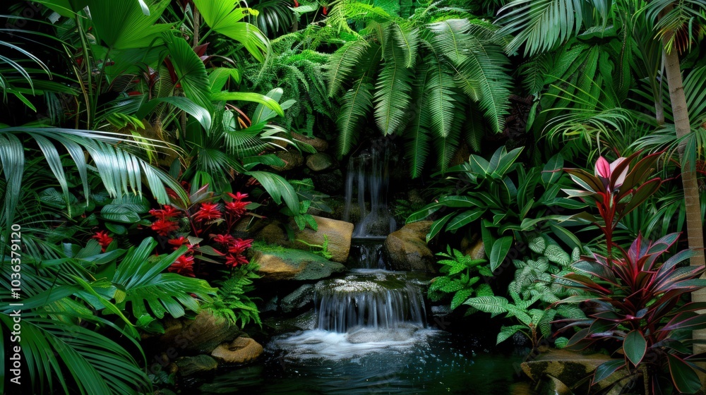 Tranquil Waterfall in Lush Tropical Garden Tranquil Waterfall in Lush Tropical Garden