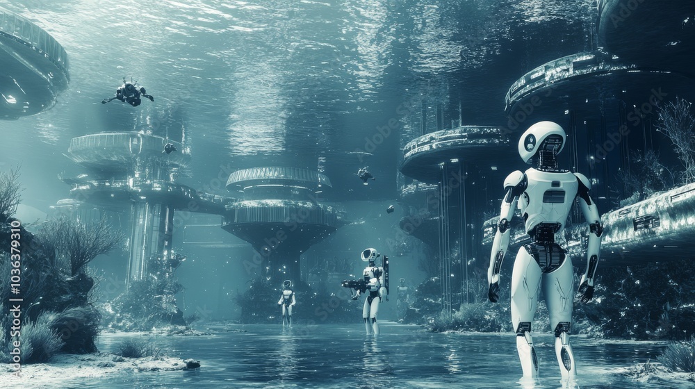 Fototapeta premium A futuristic underwater city with humanoid robots maintaining the underwater habitat, Subaquatic civilization style, photo of