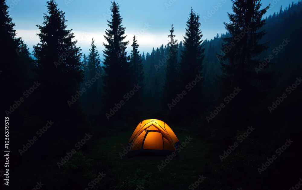 A solitary tent glows softly in the darkness of a dense forest, surrounded by towering evergreens. This serene camping scene invites tranquility and connection with nature. A solitary tent glows softly in the darkness of a dense forest, surrounded by towering evergreens. This serene camping scene invites tranquility and connection with nature.