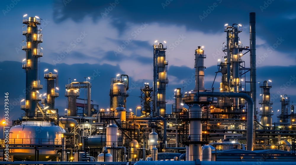 A large industrial plant with many pipes and tanks lit up at night. Scene is industrial and somewhat ominous A large industrial plant with many pipes and tanks lit up at night. Scene is industrial and somewhat ominous