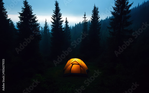 A solitary tent glows softly in the darkness of a dense forest, surrounded by towering evergreens. This serene camping scene invites tranquility and connection with nature.