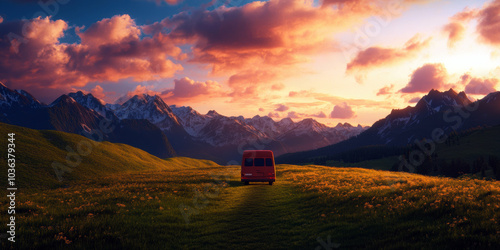 A vibrant sunset casts a warm glow over rolling hills and majestic mountains. A solitary red van stands alone, inviting adventure amidst nature?s breathtaking beauty. photo