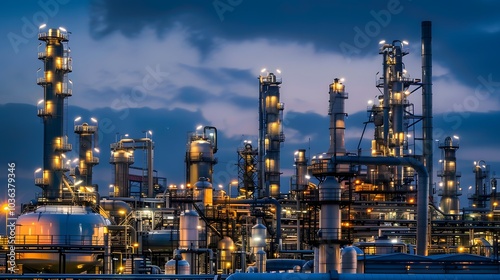 A large industrial plant with many pipes and tanks lit up at night. Scene is industrial and somewhat ominous