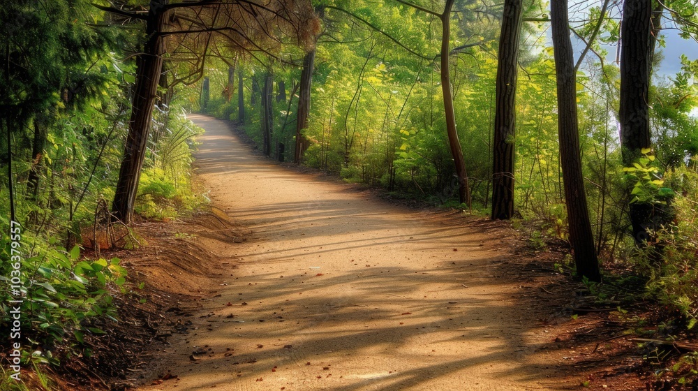 Fototapeta premium Sunlit Pathway Through a Lush Forest