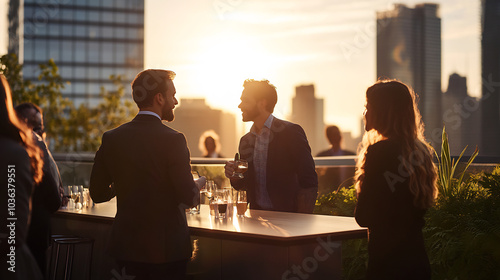 Business professionals networking at a rooftop event during sunset, with a city skyline in the background, creating a vibrant and sophisticated social atmosphere photo