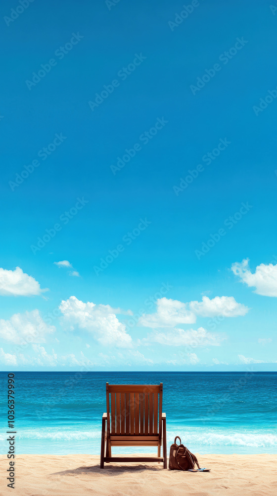 A tranquil beach scene featuring a wooden chair facing the ocean, coupled with a brown bag nearby. The clear blue sky and gentle waves evoke a sense of peace.