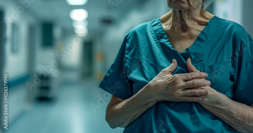 An elderly woman holds her chest, expressing concern about her heart health. A powerful image highlighting healthcare and senior care awareness. photo