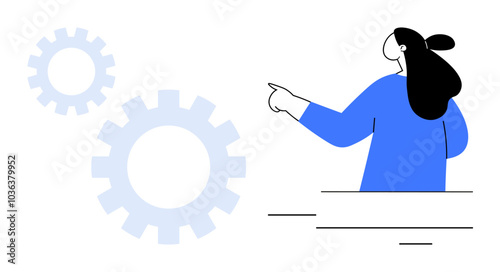 A person in a blue outfit points towards two gears. Ideal for teamwork innovation technology business productivity creativity. Simple modern style