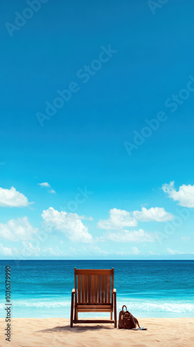 Obraz na płótnie A tranquil beach scene featuring a wooden chair facing the ocean, coupled with a brown bag nearby. The clear blue sky and gentle waves evoke a sense of peace. w salonie
