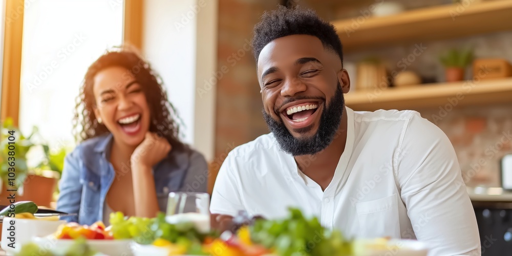 A joyful couple shares a lighthearted moment filled with laughter while enjoying a healthy meal at home