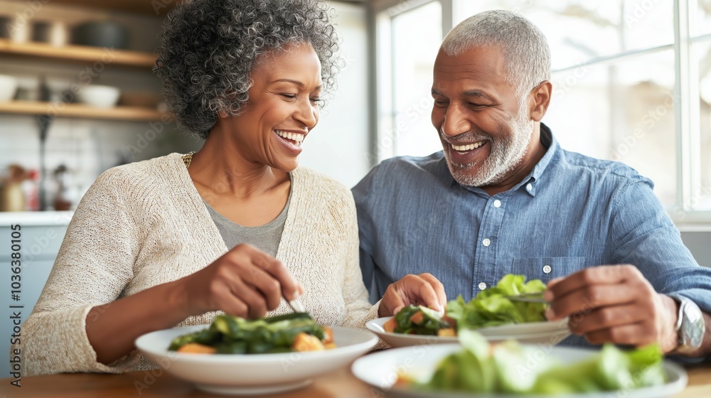 A joyful couple sits at their dining table, sharing a meal and laughter A joyful couple sits at their dining table, sharing a meal and laughter