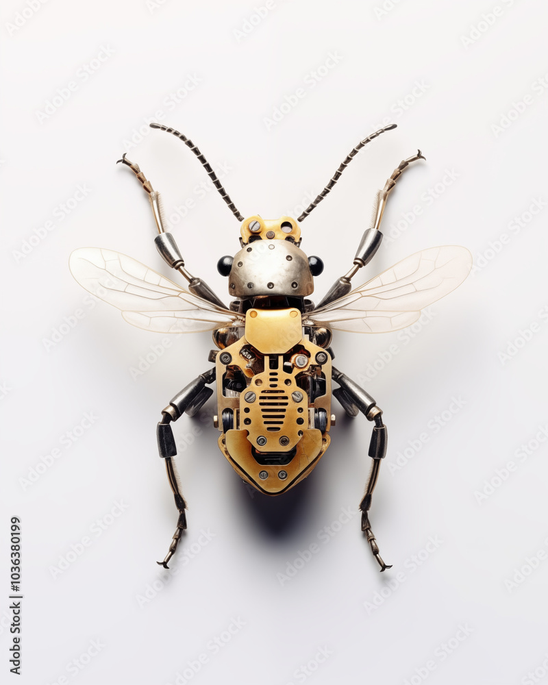Mechanic metallic insect bug gold silver on white background Mechanic metallic insect bug gold silver on white background