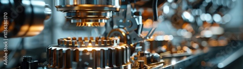 Close-up of industrial machinery with metallic gears and components.