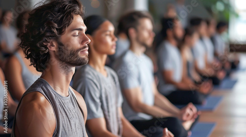 Male female doing group yoga meditation breathing exercise in studio yoga mat mindfulness relaxation breath focus wellness healthy lifestyle peaceful mind stretching balance rejuvenation holistic