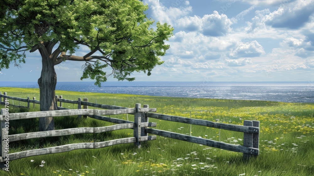 Tranquil Coastal Field with a Solitary Tree Tranquil Coastal Field with a Solitary Tree