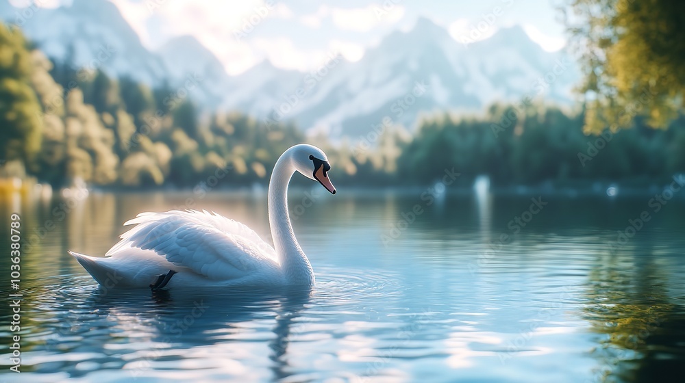 Fototapeta premium Graceful 3D Elegant Swan Gliding on a Crystal Clear Lake Surrounded by Serene Pastel Hues