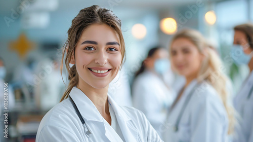 Wallpaper Mural Expertise male man doctor physician white coat stethoscope healthcare medical worker confidently smiling in hospital with his team teamwork for patient care outcome improvement wellness hospital Torontodigital.ca