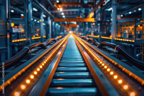 Industrial conveyor belt with glowing lights in a modern factory setting.