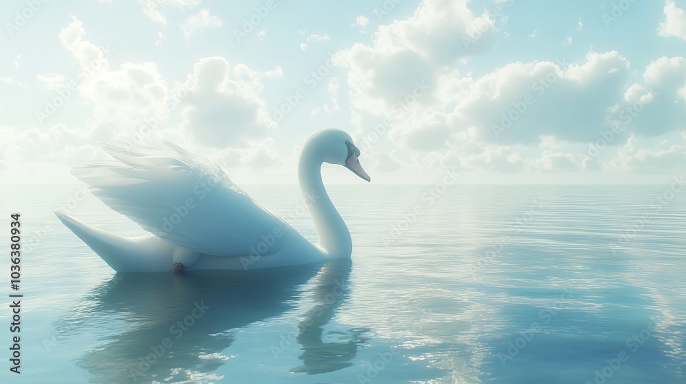 Fototapeta premium Graceful 3D Elegant Swan Gliding on a Crystal Clear Lake Surrounded by Serene Pastel Hues