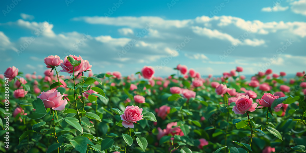 Fototapeta premium A large field of roses with green leaves against a blue cloudy sky, perfect for a screensaver or banner.