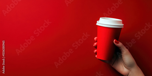 A hand elegantly holds a bright red coffee cup against a vivid red backdrop, creating a striking visual. Perfect for branding, social media, or coffee-related content. photo