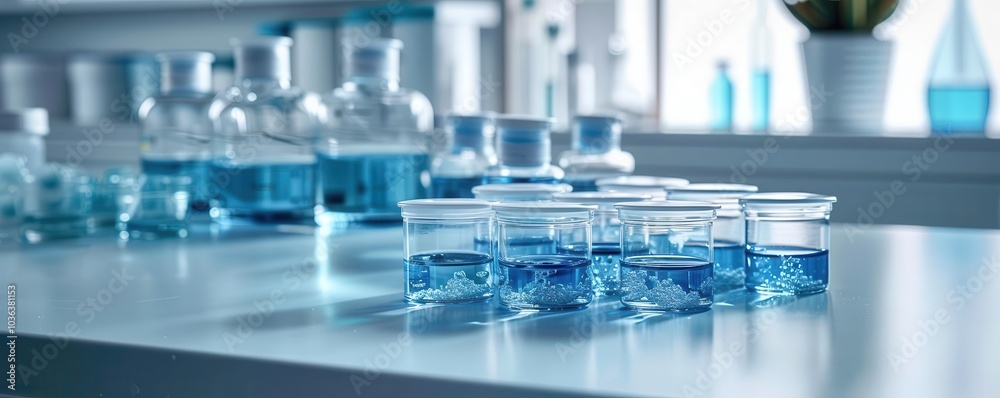 Laboratory glassware with blue liquids on a white table, bright, modern setting.