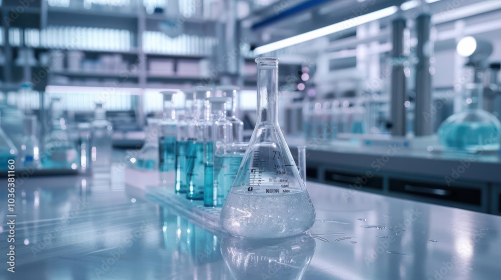 Laboratory glassware with blue liquid on a bright surface, focused background. Laboratory glassware with blue liquid on a bright surface, focused background.