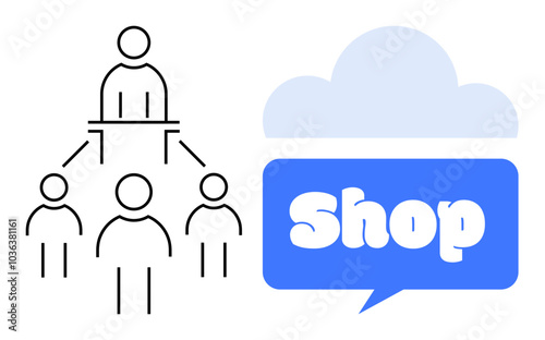 Hierarchical structure with a central figure overseeing others on the left, next to a cloud symbol containing the word Shop in a speech bubble. Ideal for business, organization, e-commerce, online
