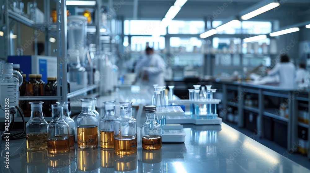 Laboratory setup with various glassware and flasks on a shiny surface. Laboratory setup with various glassware and flasks on a shiny surface.