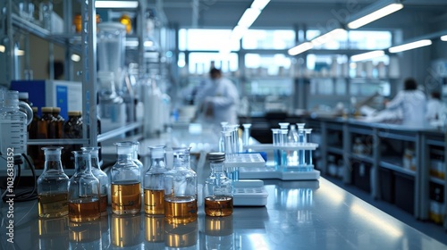 Laboratory setup with various glassware and flasks on a shiny surface.