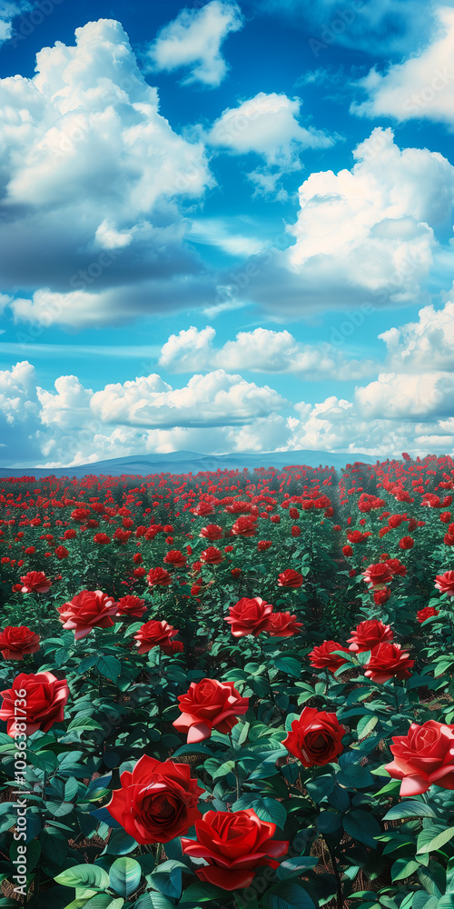 Obraz premium A large field of roses with green leaves against a blue cloudy sky, perfect for a screensaver or banner.