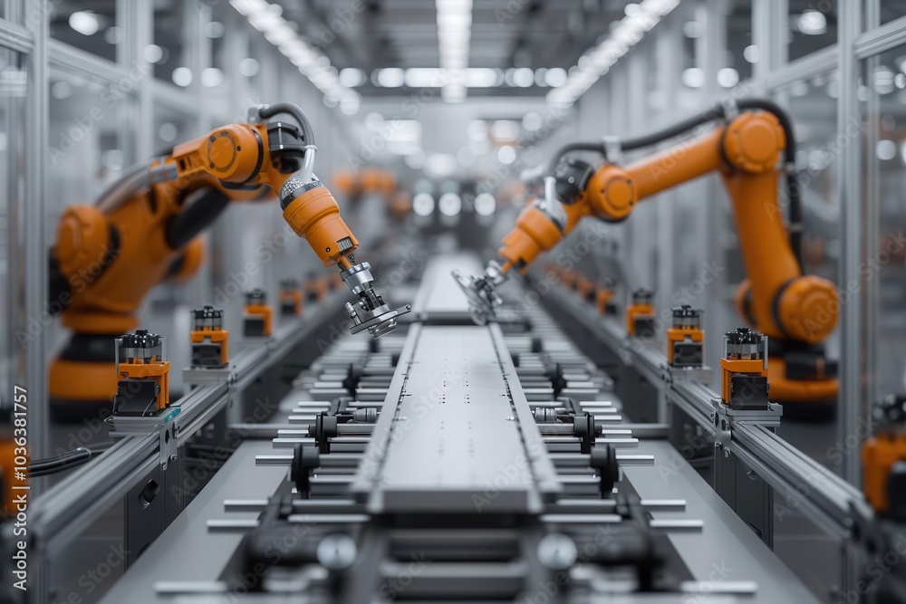 Robotic arms working on an automated production line in a modern factory environment.