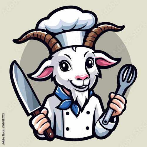 The mascot chef goat was holding a knife, and had a very happy expression on his face.