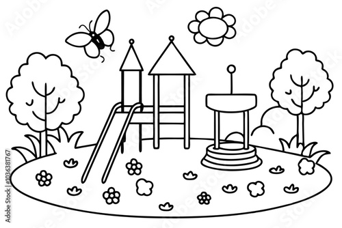 Playground with Slide and Sandbox  Children’s Outdoor Playground in Black and White
