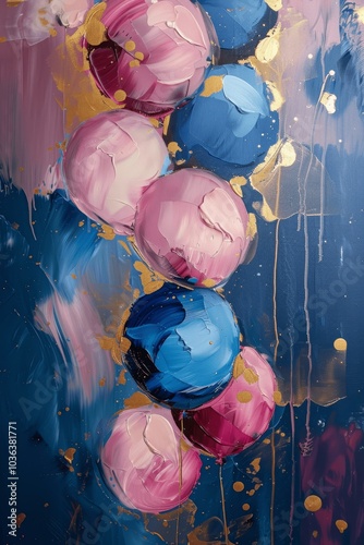 Abstract Modern Impressionism Art with Pink Blue and Gold Colors Balloons and Bubbles Oil Painting Style Texture Wall Poster photo