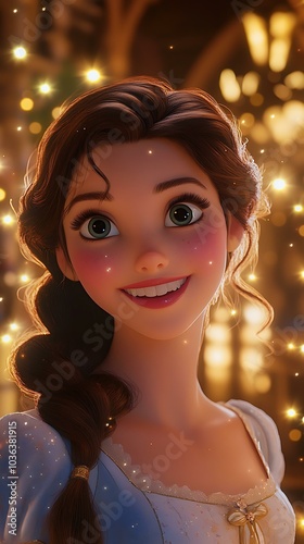 A close-up of Belle smiling warmly at the camera, with a soft glow of glittering stars around her, set against the backdrop of an elegant castle hallway, adding a dreamy feel