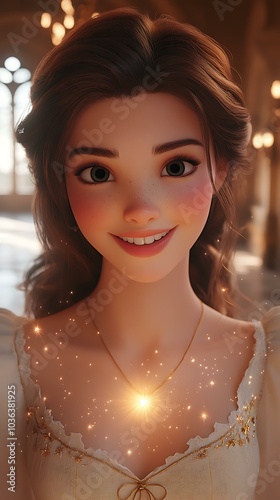 A close-up of Belle smiling warmly at the camera, with a soft glow of glittering stars around her, set against the backdrop of an elegant castle hallway, adding a dreamy feel