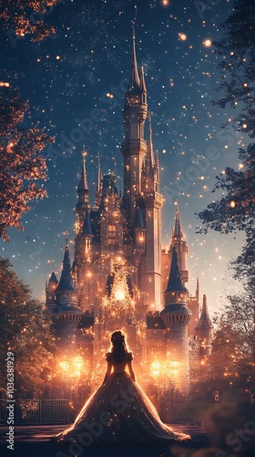 A dreamy scene of Belle standing in front of a tall castle tower, stars sparkling in the air around her, as she gazes softly into the camera with a joyful expression
