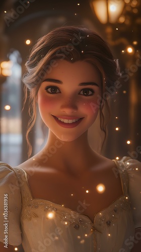 A close-up of Belle smiling warmly at the camera, with a soft glow of glittering stars around her, set against the backdrop of an elegant castle hallway, adding a dreamy feel