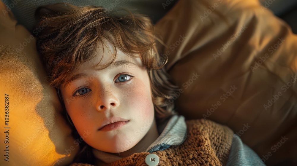 Thoughtful boy resting on pillows, soft natural light, capturing innocence and curiosity. Thoughtful boy resting on pillows, soft natural light, capturing innocence and curiosity.