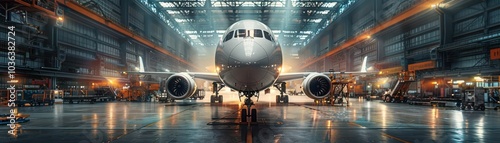 Airplane in a hangar with bright lights, showcasing aviation technology.