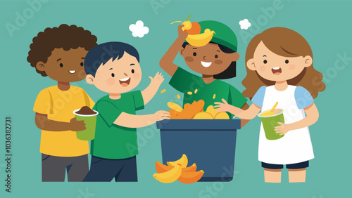 Kids eagerly throwing banana peels and eggshells into the community compost bin excited to do their part in reducing waste.. Vector illustration