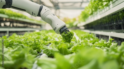 Smart farming agricultural technology Robotic arm harvesting hydroponic lettuce in a greenhouse. 