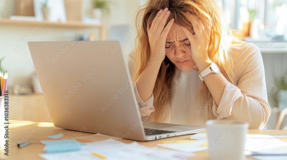 Woman with Headache at Desk Using Laptop Woman with Headache at Desk Using Laptop