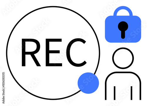 Large REC circle icon with a blue dot alongside a person outline and a blue padlock. Ideal for security, recording, privacy, surveillance, and information protection themes. Clean, modern design