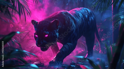 3D Fierce Panther Prowling Through a Neon Lit Jungle