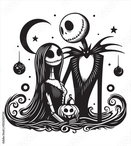 Jack and sally halloween silhouette vector